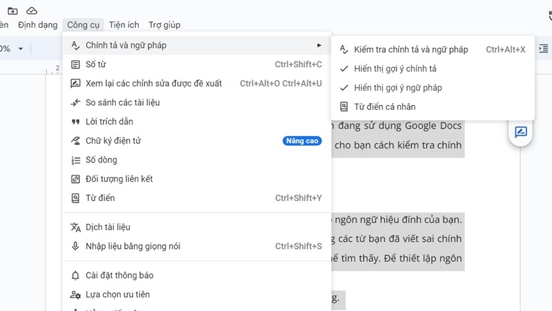 Cách bật Kiểm tra và sửa lỗi chính tả trong Google Docs