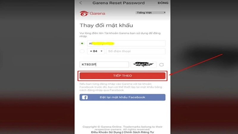 Thay đổi mật khẩu qua ứng dụng Garena Mobile