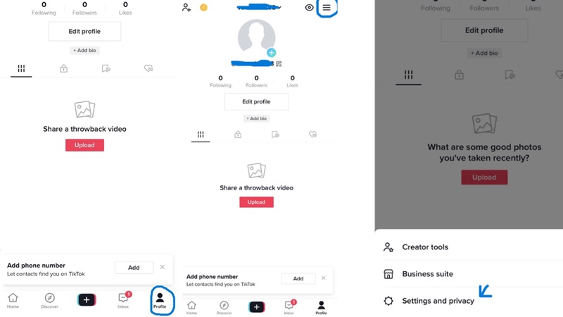 Truy cập hồ sơ TikTok của bạn, Tìm Cài đặt và Quyền riêng tư