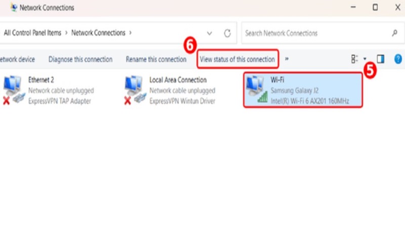 Chọn mạng Wi-Fi đã kết nối ⑤ , sau đó chọn [Xem trạng thái kết nối này]