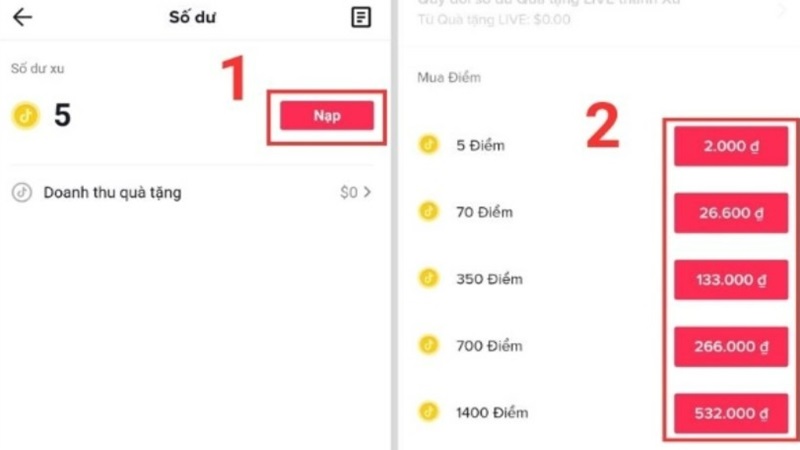 Nạp xu trực tiếp qua ứng dụng TikTok