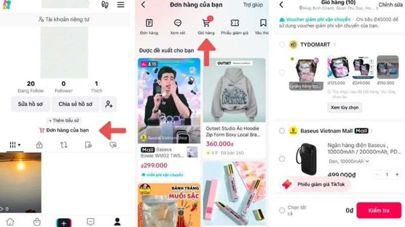 Cách xem giỏ hàng trên TikTok Shop