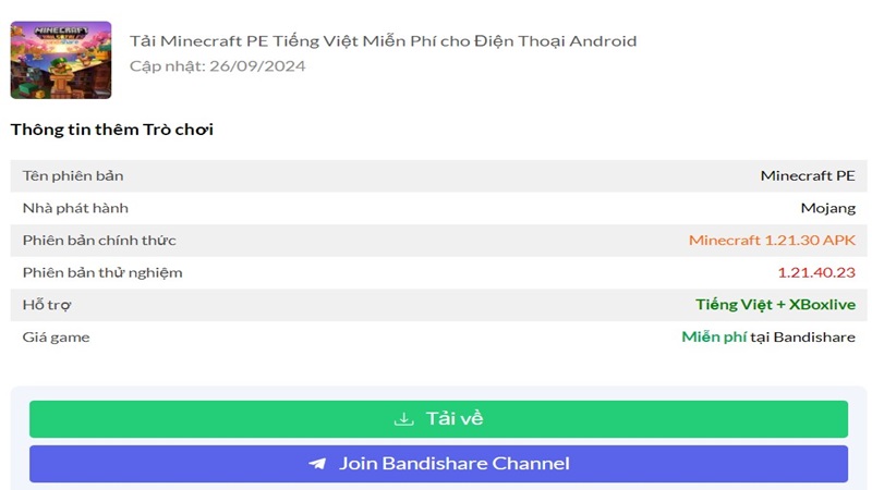 Tải Minecraft PE Tiếng Việt qua APK từ website uy tín