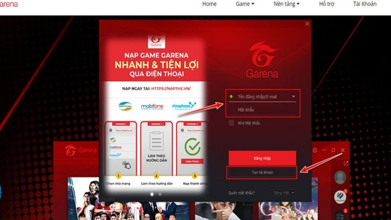 Bước 2: Đăng nhập hoặc tạo tài khoản Garena