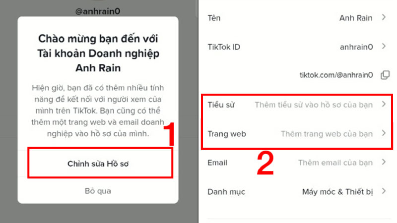 chỉnh sửa hồ sơ cá nhân để tiến hành thêm link bio trên tiktok