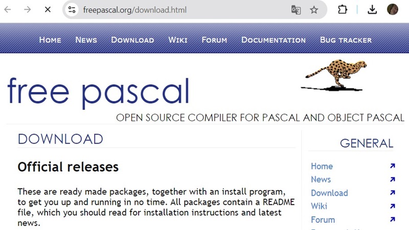 Bước 1: Truy cập trang web chính thức của Free Pascal