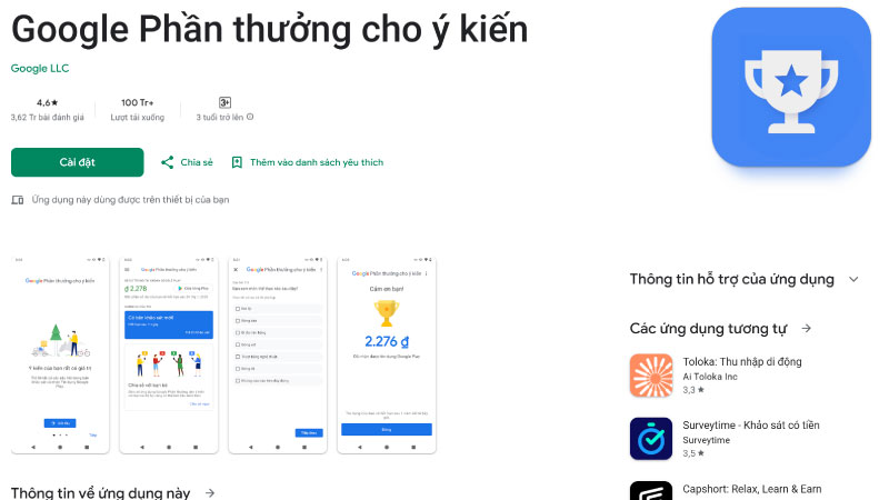 Tải app Google Opinion Rewards nhận tiền online