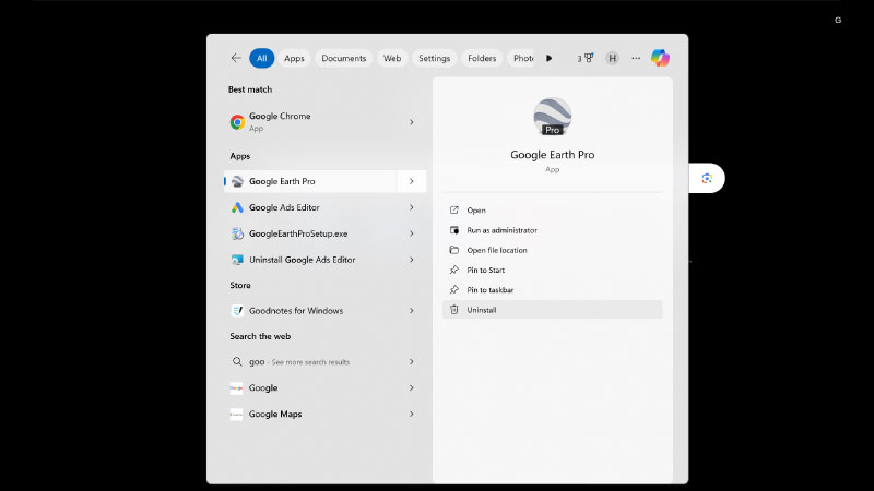 Cách gỡ cài đặt Google Earth Pro trên Windows sau khi tải