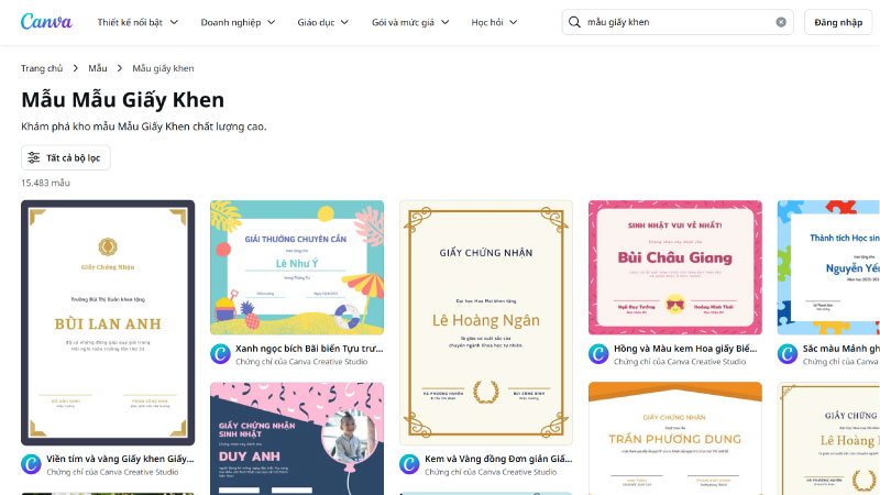 Tải mẫu giấy khen file word từ Canva
