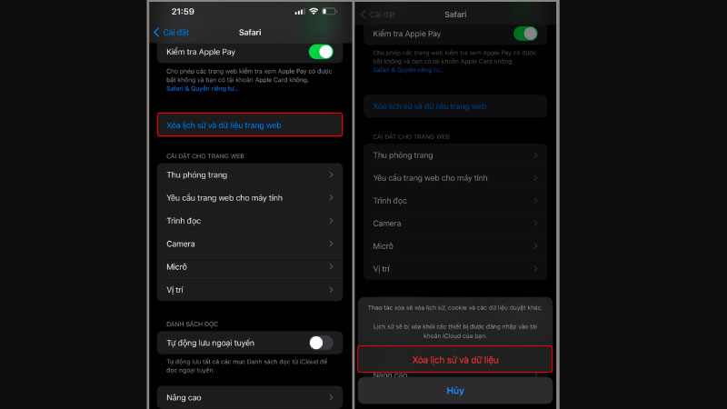 Xóa lịch sử duyệt web và dữ liệu Safari - Cách xóa phần khác trên iphone