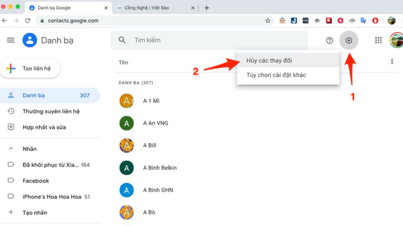 Khôi phục danh bạ qua Google Contacts (trên máy tính)