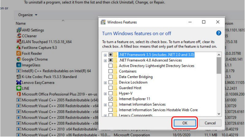 Cài đặt .NET Framework 3.5 trong Windows Features
