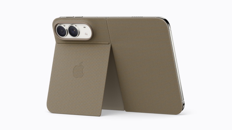 Mặt lưng điện thoại gập Apple với ốp Folio màu taupe và chân đế đang mở